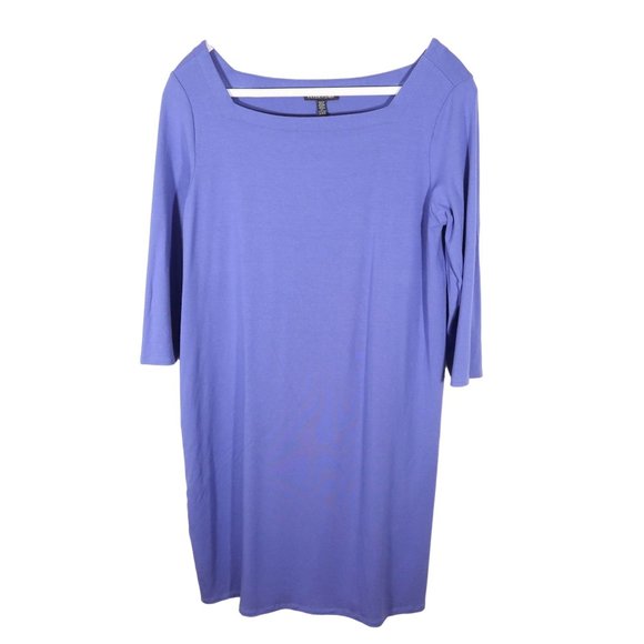Eileen Fisher Dresses & Skirts - EILEEN FISHER 3/4 Sleeve Square Neck Shift Dress Size M Purple/Blue Jersey Knit